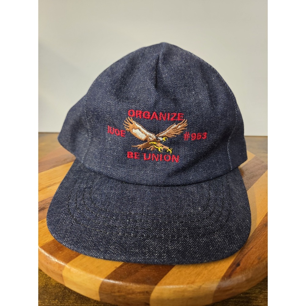 Vintage Denim Hat Union Made USA IUOE Local 953 Green Brim Eagle 70s 80s